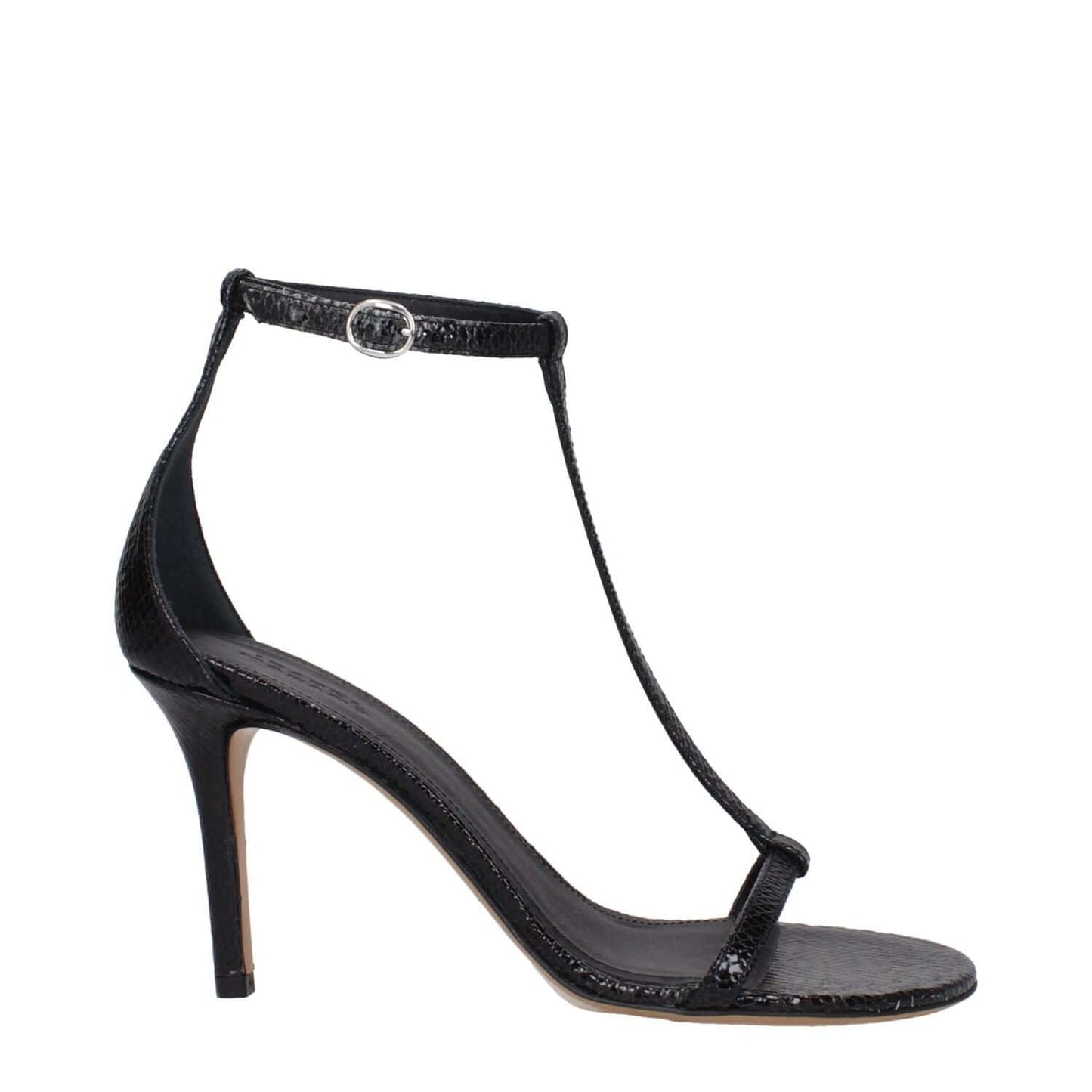 Isabel Marant Black Leather Stiletto Heel Sandals with buckle closure, open toe, and python print. High heel, 8.5 cm. MPN SD0085FAA3B17S01BK.