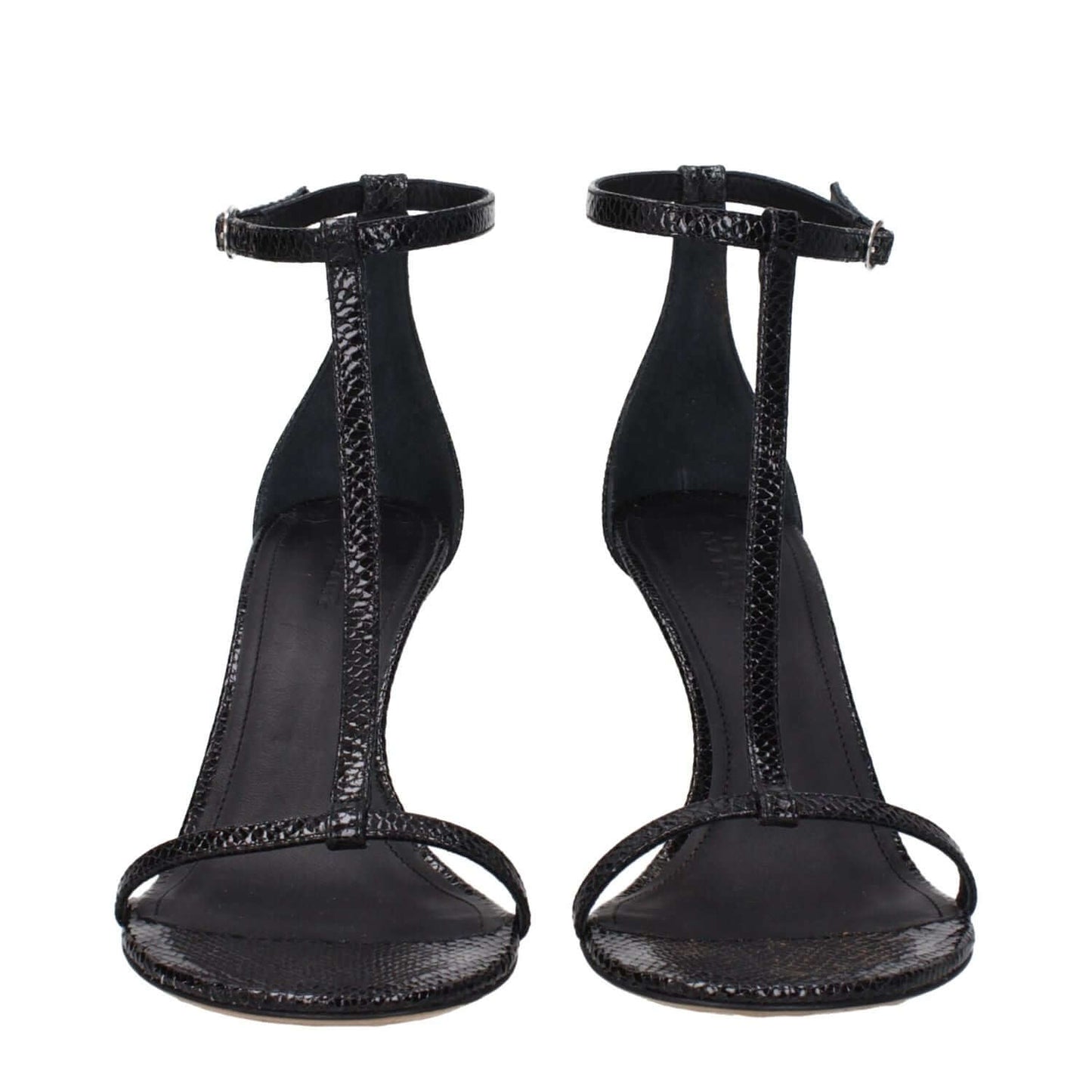 Isabel Marant Black Leather Stiletto Heel Sandals with Buckle Closure and 8.5 cm High Heel, Open Toe Design, Python Print.