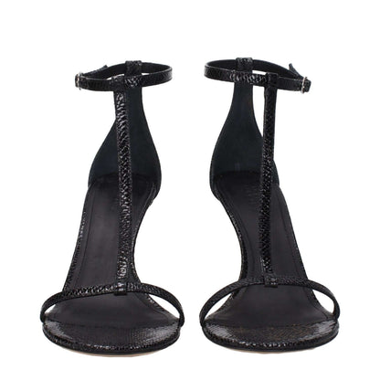 Isabel Marant Black Leather Stiletto Heel Sandals with Buckle Closure and 8.5 cm High Heel, Open Toe Design, Python Print.