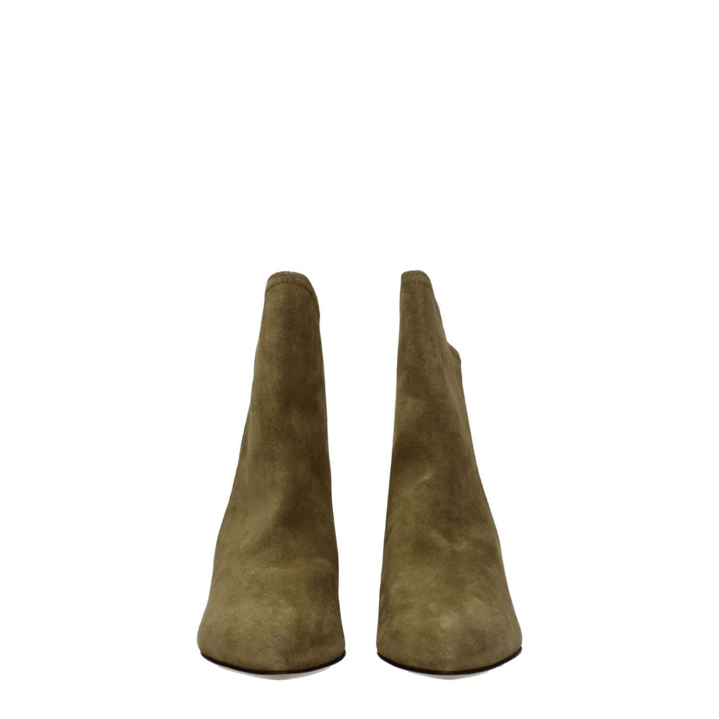 Isabel Marant Gray Leather Ankle Boots with pointy toe and mid heels, front view of suede gray boots with turtledove accents.