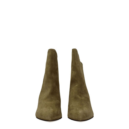 Isabel Marant Gray Leather Ankle Boots with pointy toe and mid heels, front view of suede gray boots with turtledove accents.