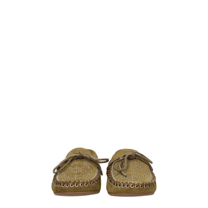 Isabel Marant Green Leather Slip-On Loafers with studs, front detail, and vintage effect, casual style, suede material, round toe, low flat heel.