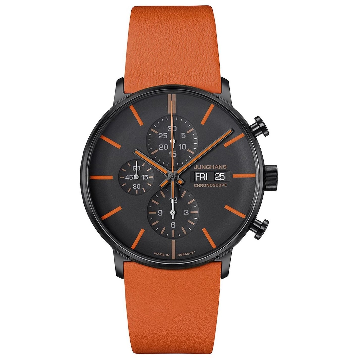JUNGHANS MOD. 027_4370-01 wristwatch with orange leather strap and black dial displaying date and chronograph features.