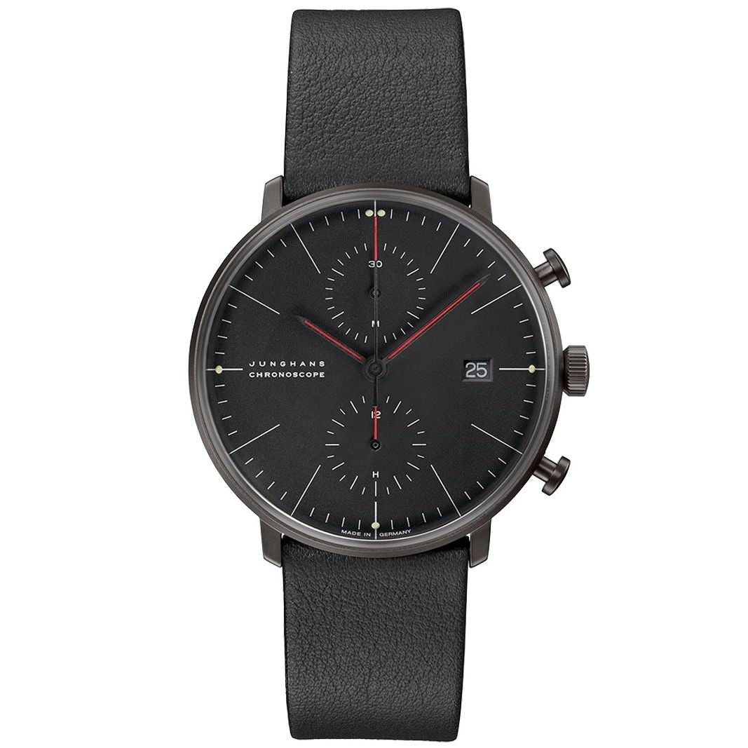 JUNGHANS MOD. 027_4409-02 black dial chronograph watch with date function and leather strap