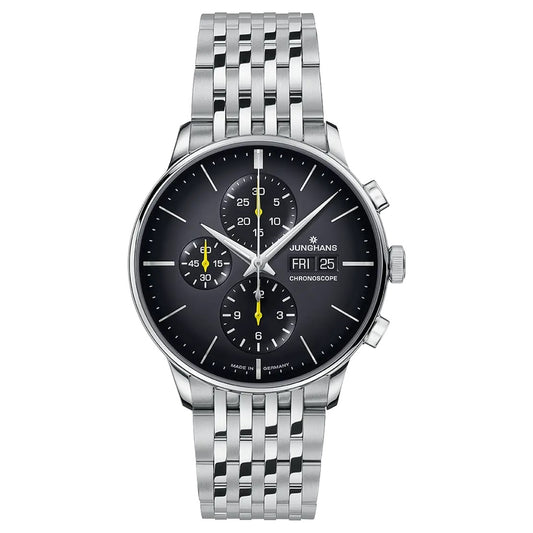 Luxury watch JUNGHANS MOD. 027_4429-47 with black dial and silver bracelet, featuring chronoscope and date display.