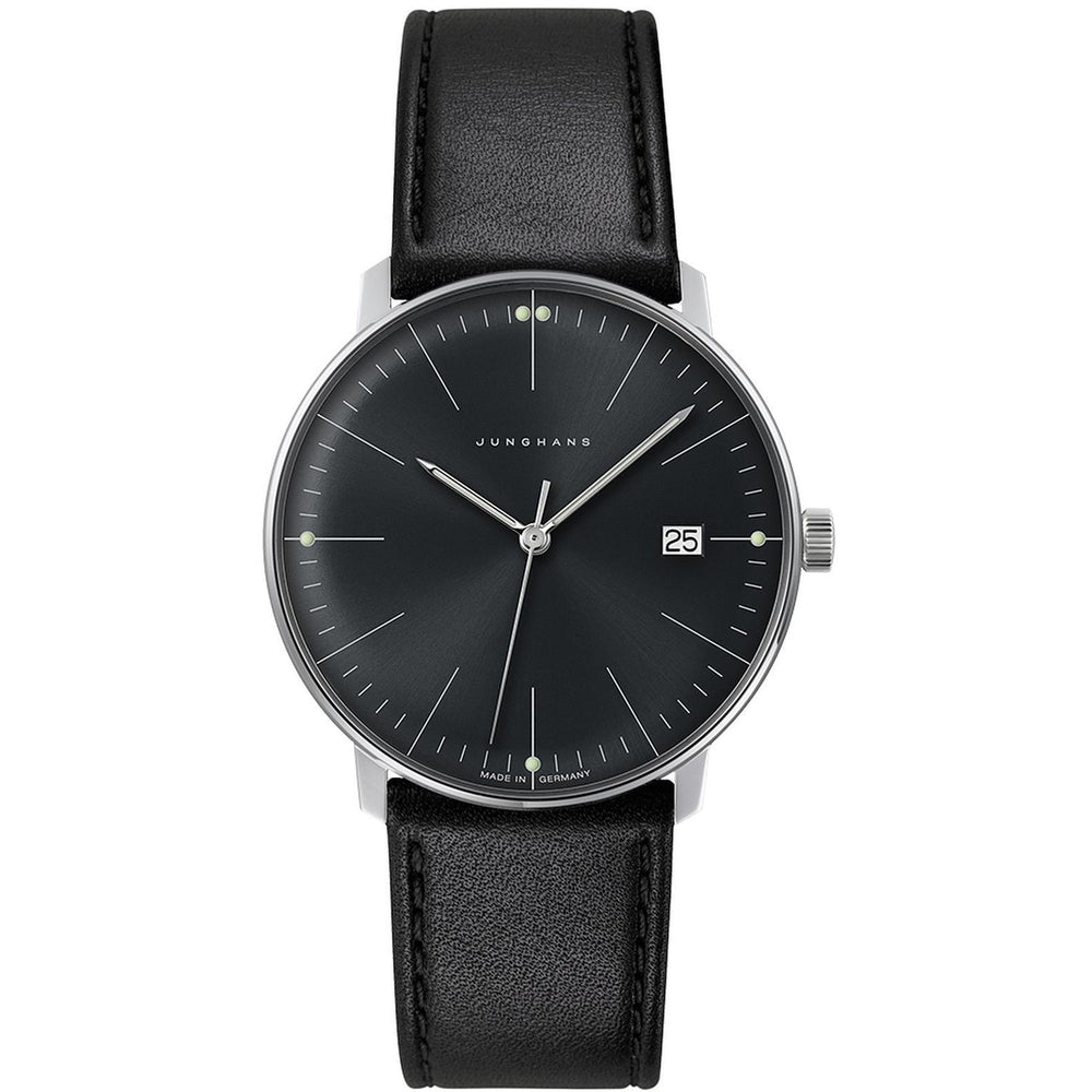 JUNGHANS MOD. 041_4465-02 watch with sleek black dial and date window, featuring minimalist Bauhaus design and black leather strap.