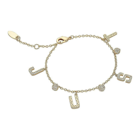 Alt Tag: JUST CAVALLI JEWELS JEWELRY Mod. JCBR01233200, gold bracelet with letter charms, luxury fashion accessory