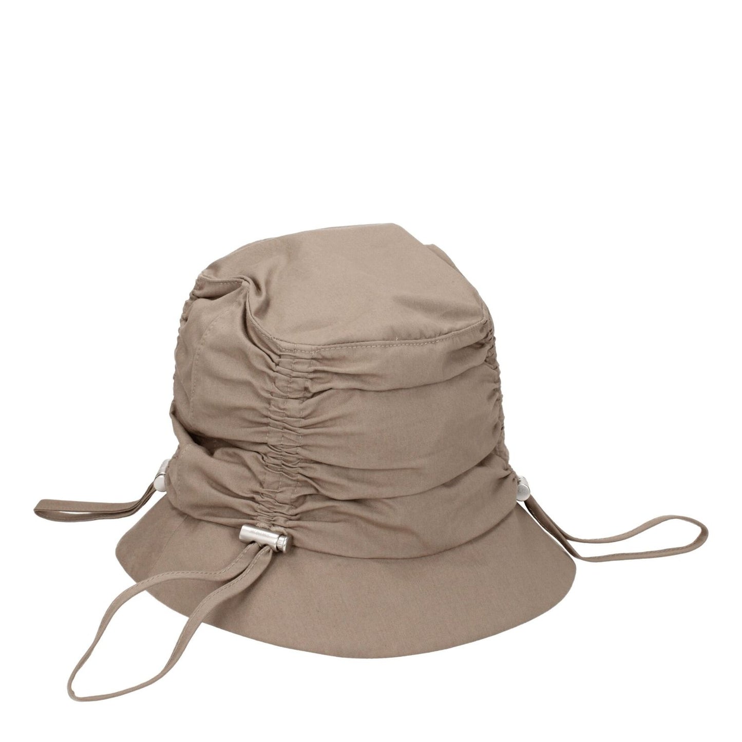 Jacquemus Beige Cotton Bucket Hat with front logo, 75% cotton and 25% polyamide, casual style in dark beige with silver details.