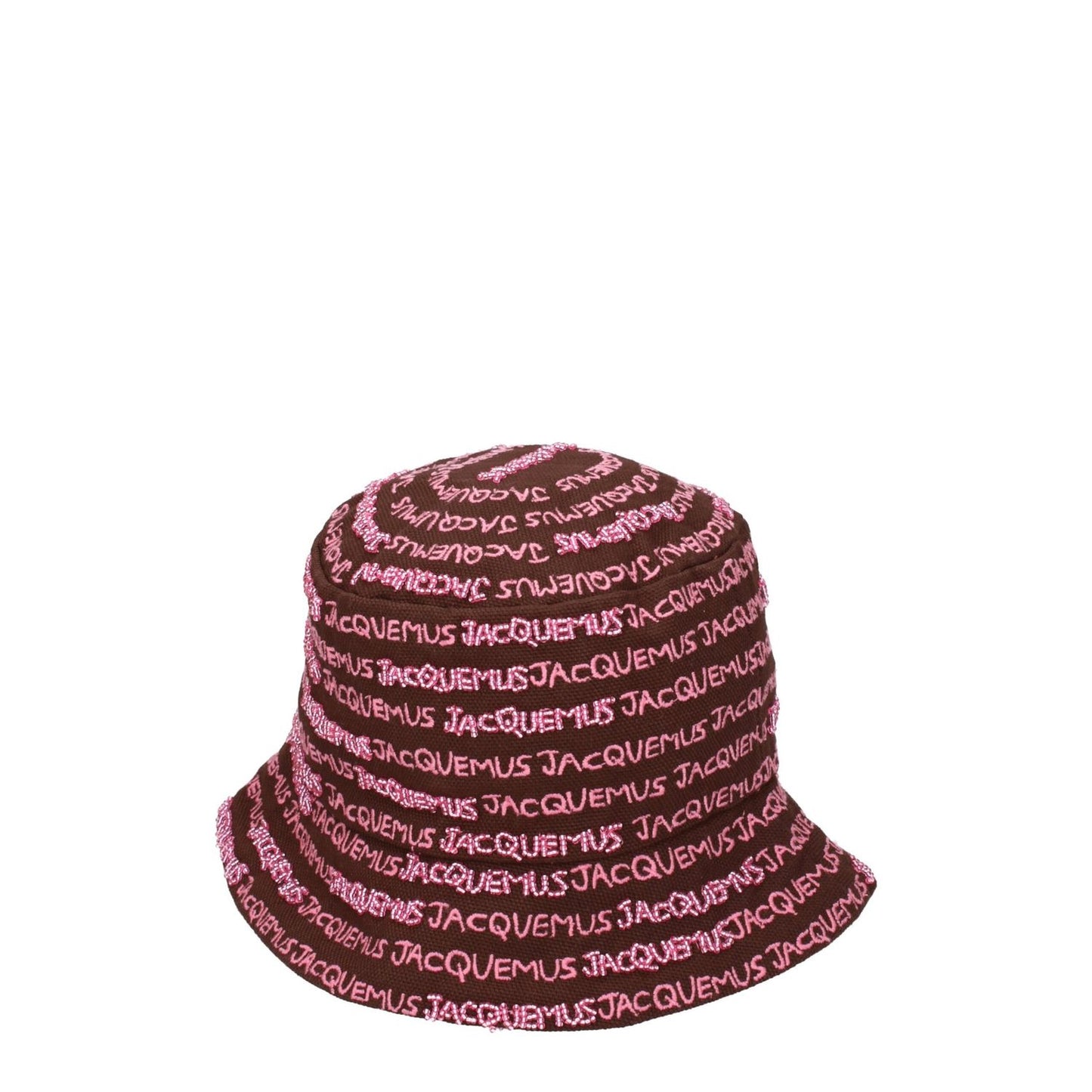 Jacquemus Brown Cotton Bucket Hat with pink logo beading, casual style, 100% cotton design. MPN: 235AC4515035850. Fashion accessory.