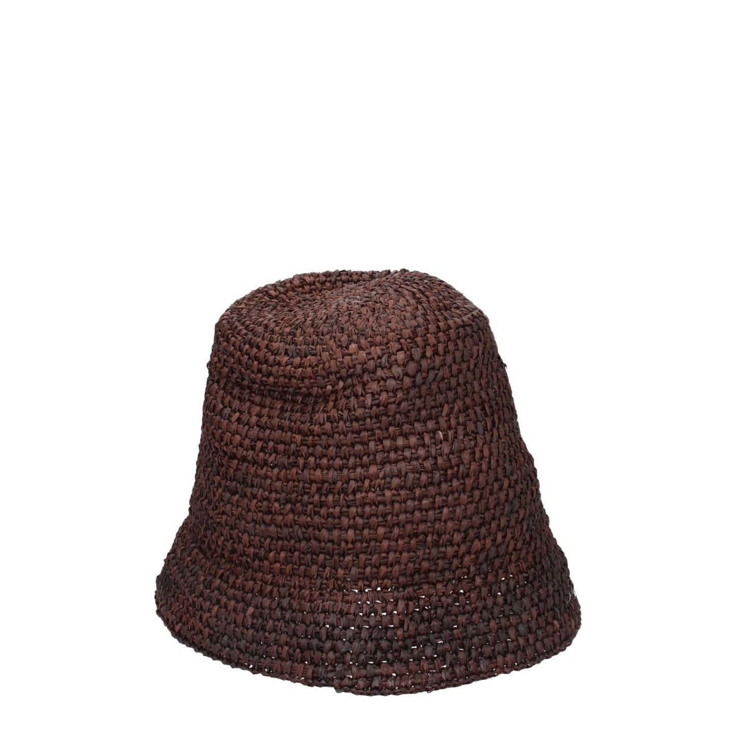 Jacquemus Brown Raffia Bucket Hat made from 100% raffia, featuring a casual style with a front logo, in dark brown color.