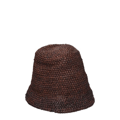 Jacquemus Brown Raffia Bucket Hat made from 100% raffia, featuring a casual style with a front logo, in dark brown color.