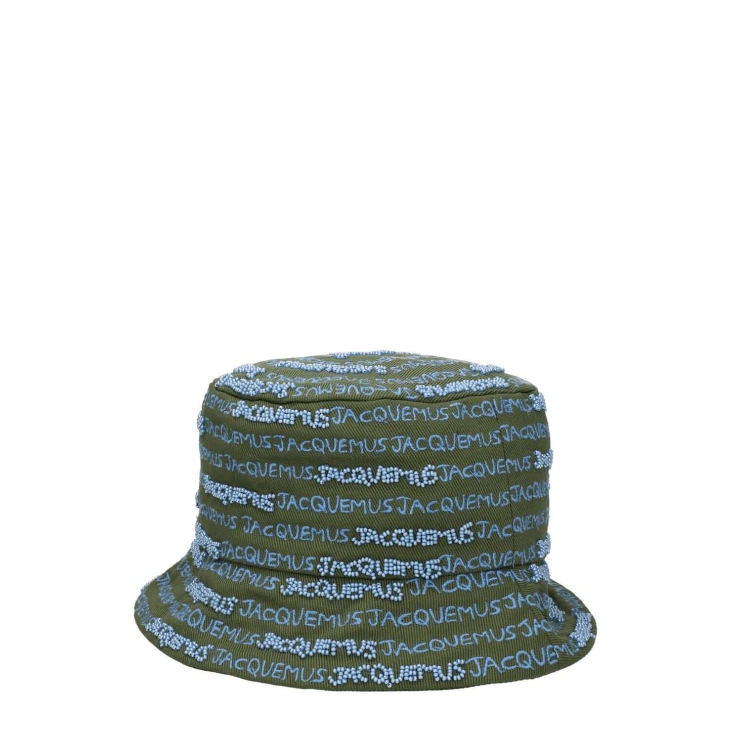 Jacquemus Green Cotton Bucket Hat with logo embellishments, casual style, in green and khaki tones, perfect for fashion-forward looks.