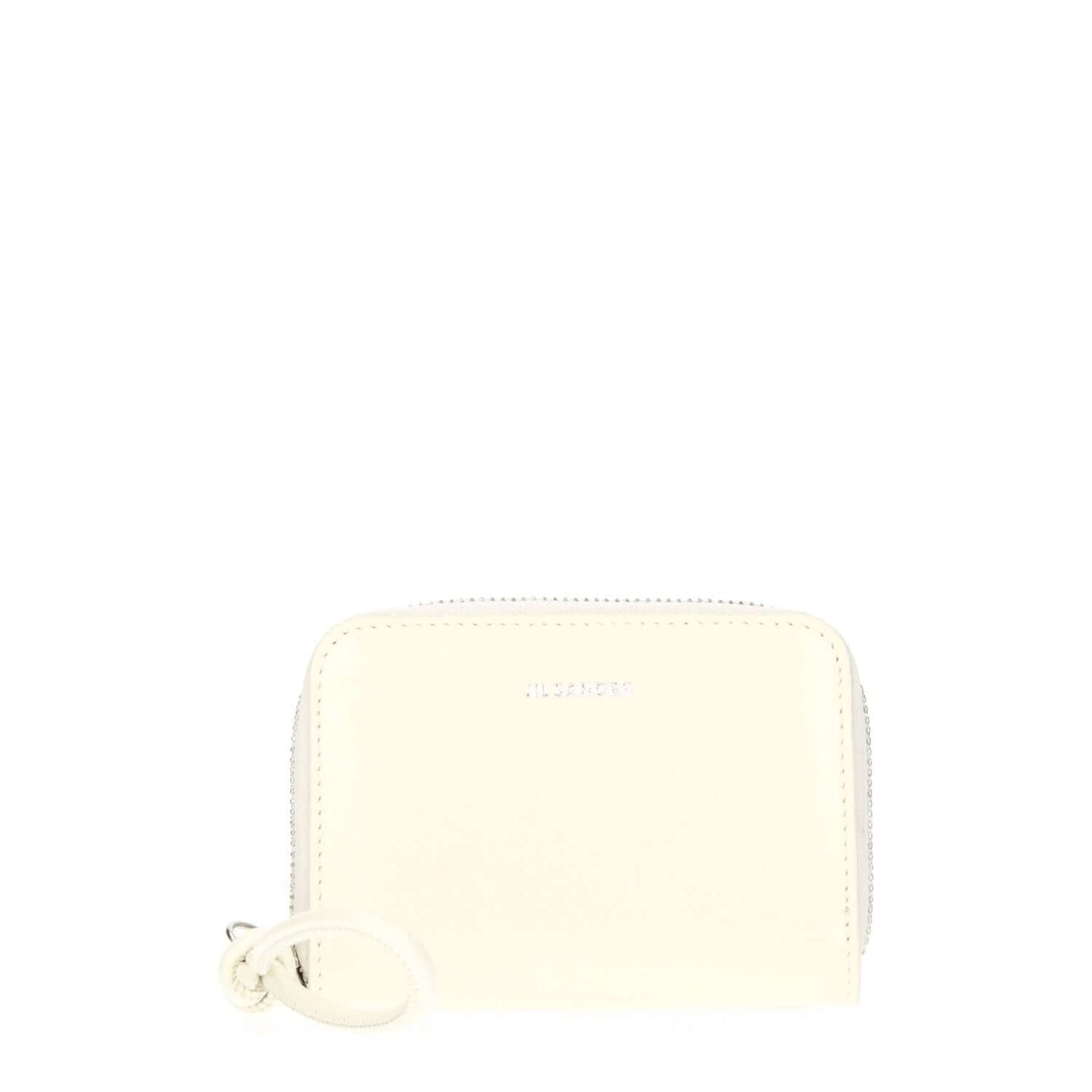 Jil Sander Beige Leather Wallet with zip closure, showcasing front logo design. Casual style in beige and milk colors. Dimensions: 7x10 cm.