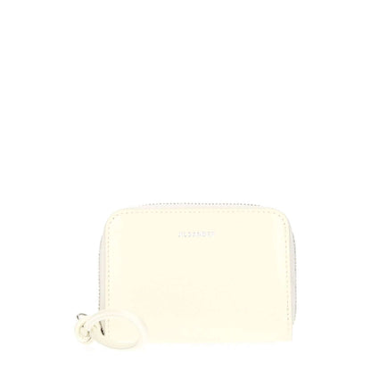 Jil Sander Beige Leather Wallet with zip closure, showcasing front logo design. Casual style in beige and milk colors. Dimensions: 7x10 cm.