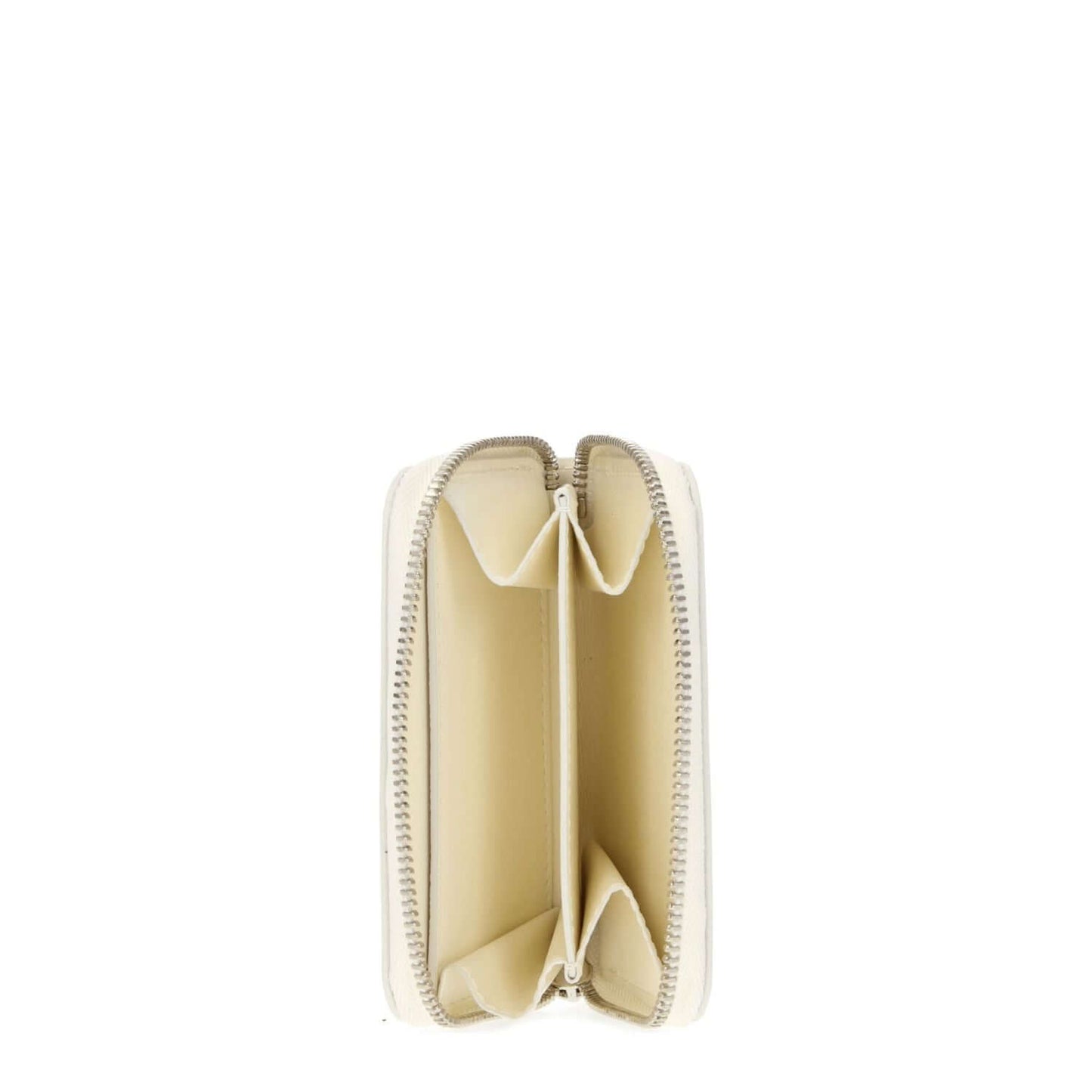 Interior view of Jil Sander Beige Leather Wallet showcasing zip closure and compartments, product code F77198, made from quality leather.