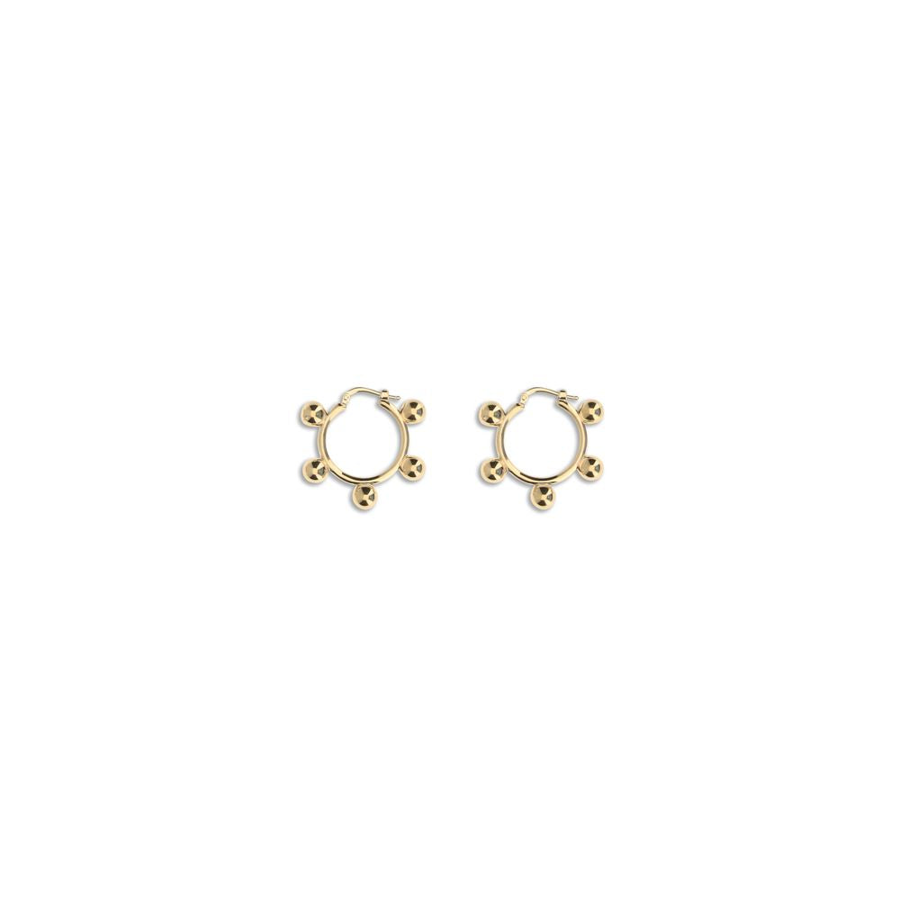 Jil Sander Gold Brass Earrings with elegant hoop design, engraved logo, antioxidant finish, and snap closure for comfort and durability.