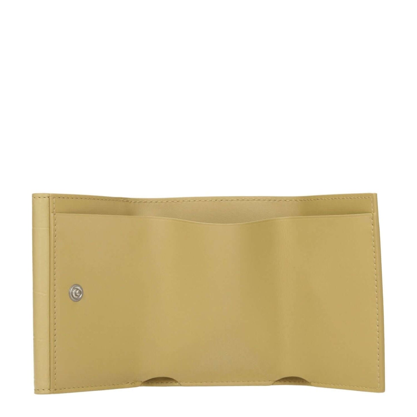 Open Jil Sander Yellow Leather Wallet showcasing compartments with button closure and crocodile print design.