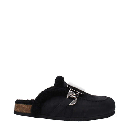 Side view of Jw Anderson Black Leather Slippers with fur inside and silver side logo, featuring a rubber sole and round toe.
