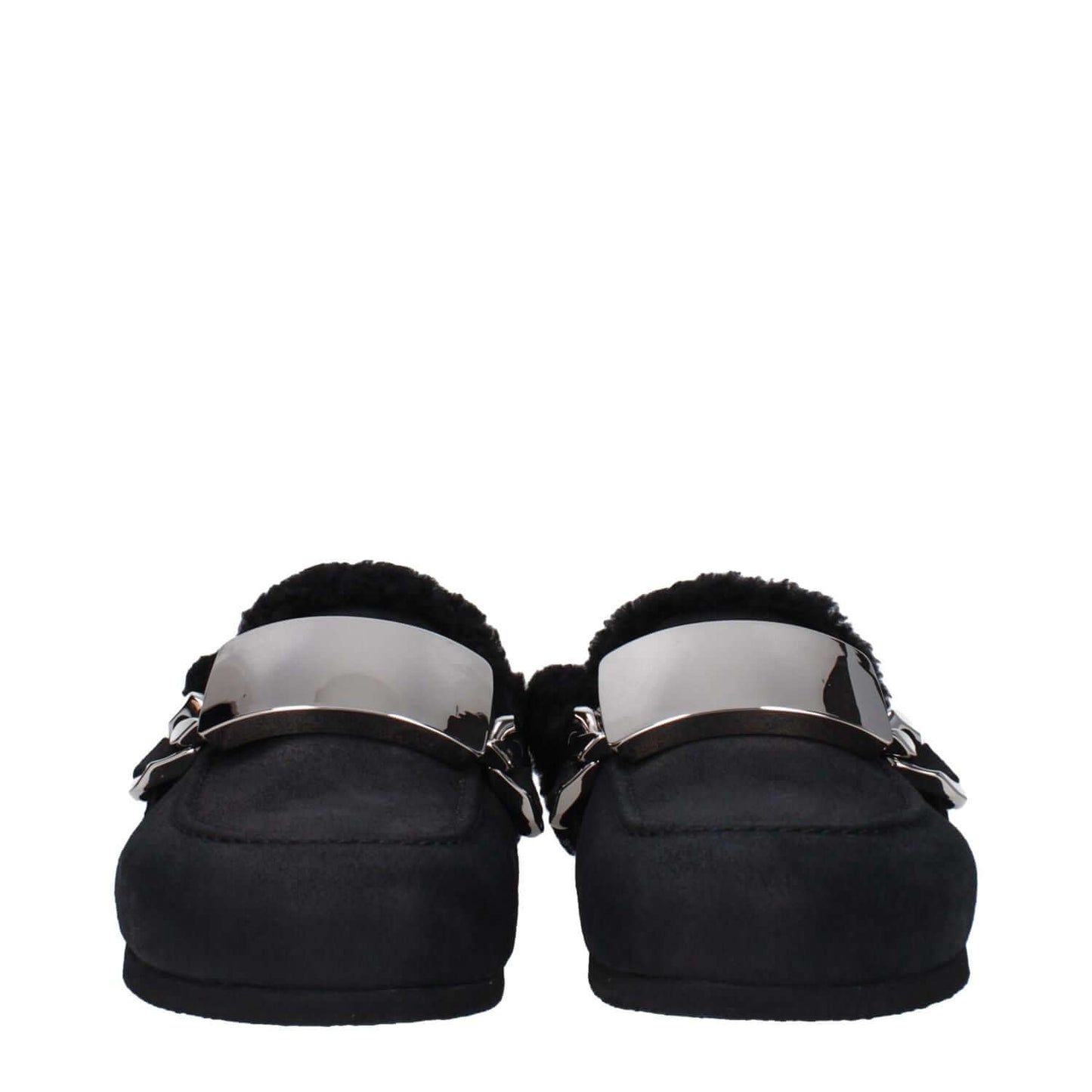 Jw Anderson Black Leather Slippers with fur lining, round toe, and silver side logo. Casual suede design with rubber sole.