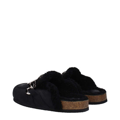 Jw Anderson Black Leather Slippers with silver logo, fur lining, suede finish, and rubber sole, round toe, low flat heel style.