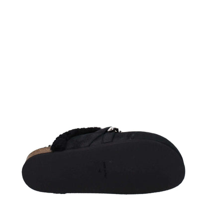 Jw Anderson Black Leather Slippers, side view showing suede material, silver details, rubber sole, and fur lining.