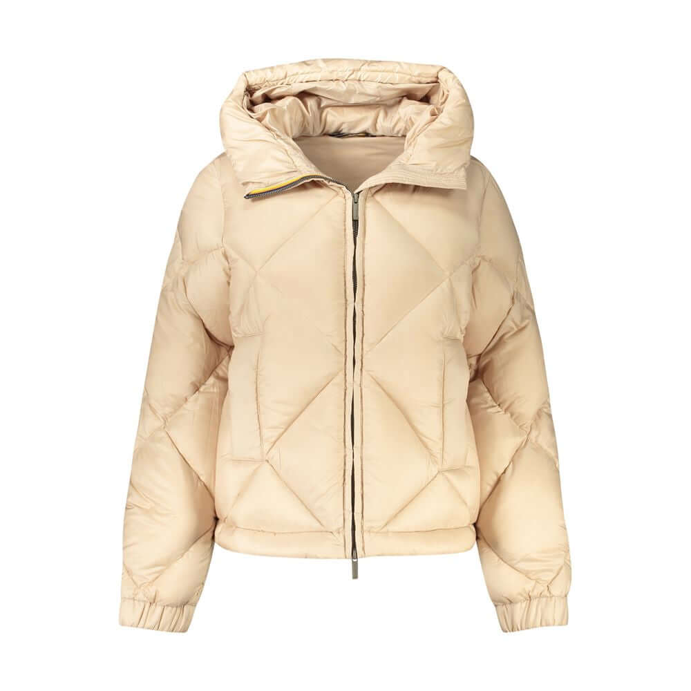 K-WAY Beige Polyester Jackets & Coat, long sleeve with hood, featuring 2 external and internal pockets, contrasting details, zip, logo.