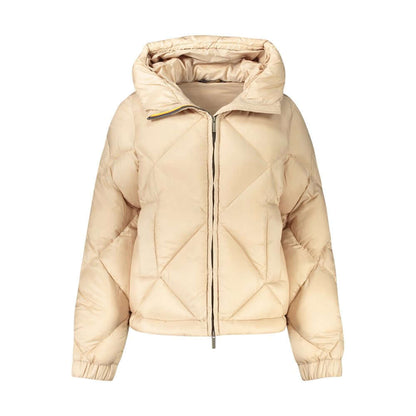 K-WAY Beige Polyester Jackets & Coat, long sleeve with hood, featuring 2 external and internal pockets, contrasting details, zip, logo.