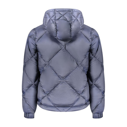Back view of K-WAY Blue Polyester Men Jacket with hood and quilted design.