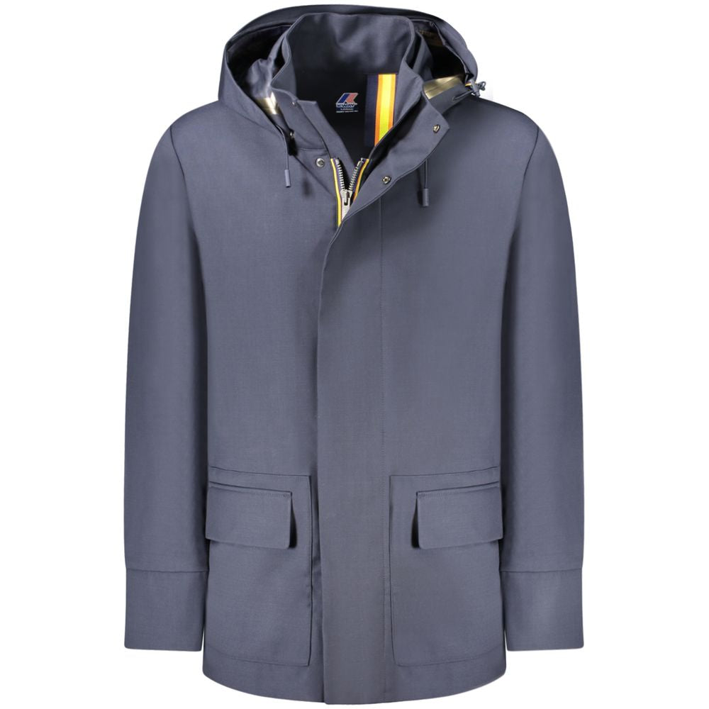 K-WAY Blue Wool Men Trench Coat with removable hood and multiple pockets, showcasing its functional and stylish design.