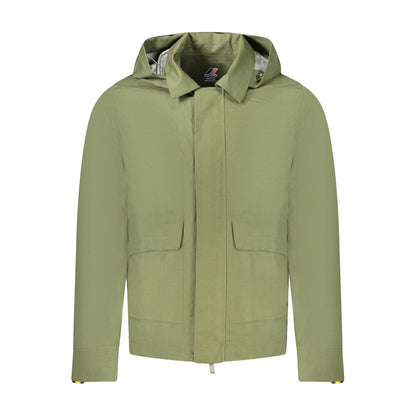 K-WAY Green Cotton Men Jacket with removable hood, long sleeves, and multiple pockets for versatile outdoor wear.