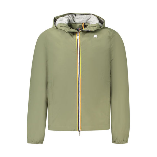 K-WAY Green Nylon Men Jacket with hood and zip, featuring contrasting details and logo.