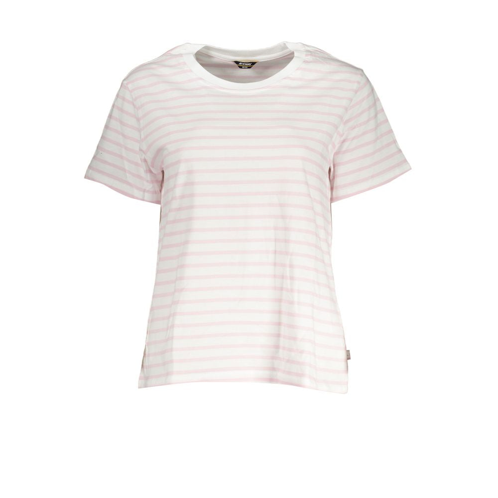 K-WAY White Cotton Women T-Shirt with striped pattern, round neck, short sleeves, and iconic K-WAY logo, perfect for casual or chic outings.