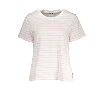 K-WAY White Cotton Women T-Shirt with striped pattern, round neck, short sleeves, and iconic K-WAY logo, perfect for casual or chic outings.
