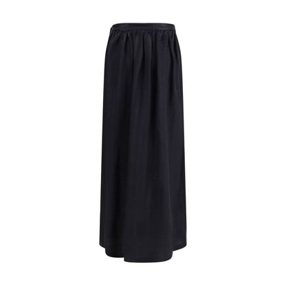 Kristina Ti Black Fleece Wool Long Skirt with silk blend, elegant semi-wheeled design, and golden button details, perfect for AW25 season.