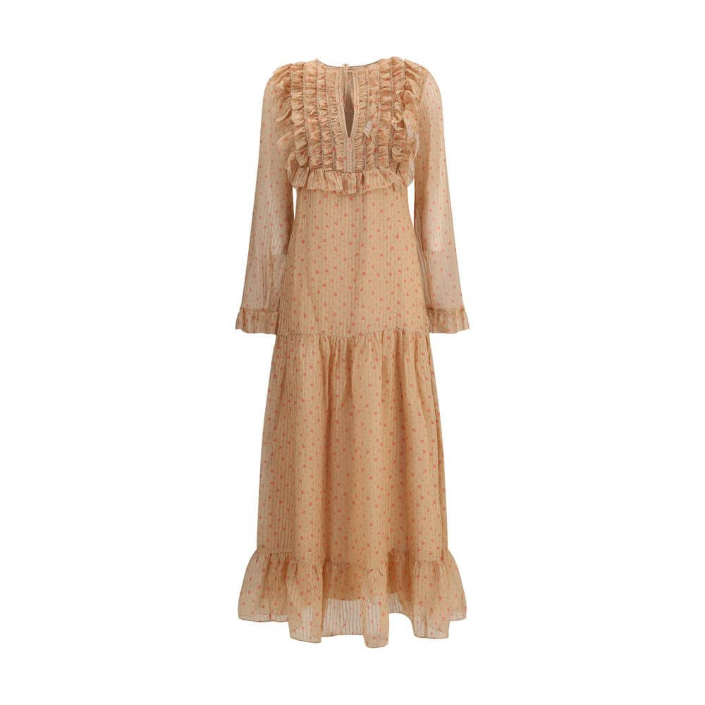 Kristina Ti Multicolor Silk Long Dress with vintage stripes, ruffles, and drawstring closure, perfect for a refined romantic look, AW25 collection.