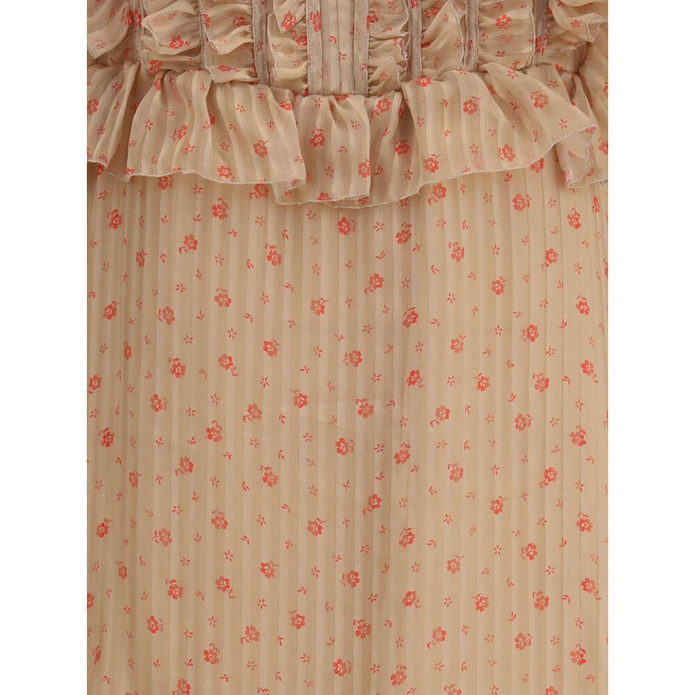 Close-up of Kristina Ti Multicolor Silk Long Dress showcasing vintage striped pattern, ruffles, and floral details in semi-sheer fabric.