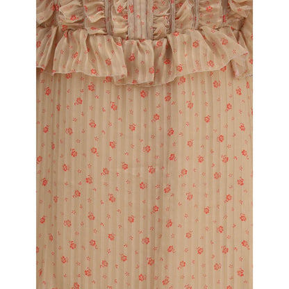 Close-up of Kristina Ti Multicolor Silk Long Dress showcasing vintage striped pattern, ruffles, and floral details in semi-sheer fabric.