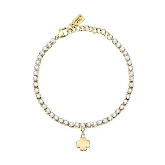 Elegant gold bracelet with gemstones, clover charm, labeled 'LA PETITE STORY JEWELRY Mod. LPS05ARR71', perfect for gifting.