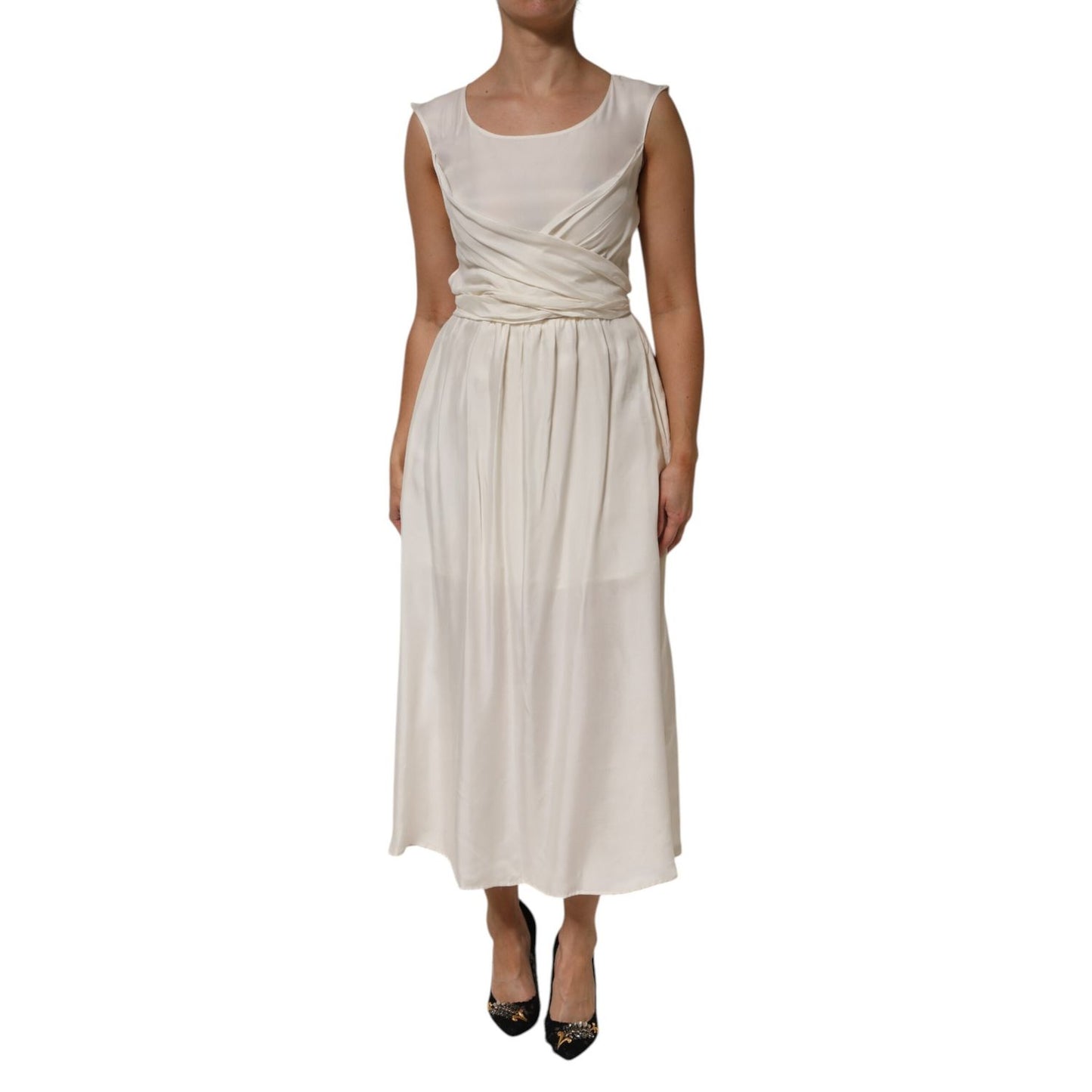 L'Autre Chose Ivory White Sleeveless Maxi Cupro Viscose Dress with draped waist detail, elegant flowy silhouette.