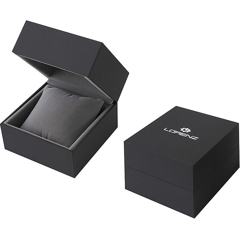 LORENZ MOD. 26208EE wristwatch packaging, black presentation box with pillow for stainless steel quartz and mineral dial men’s watch.