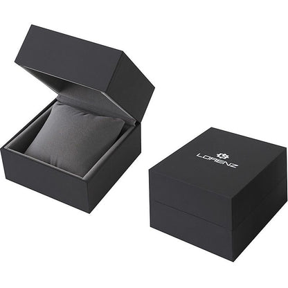 LORENZ MOD. 26208EE wristwatch packaging, black presentation box with pillow for stainless steel quartz and mineral dial men’s watch.