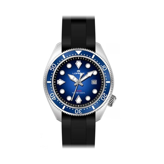 LORENZ MOD. DIVER SPORT stainless steel gent's wristwatch with 42mm case, blue dial, quartz movement, and 10 ATM water resistance.