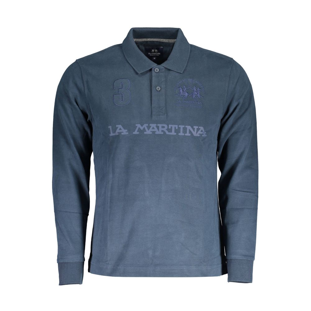 La Martina Blue Cotton Men Polo Shirt with embroidery and logo, long sleeves, showcasing sporty elegance and comfort in pure cotton.