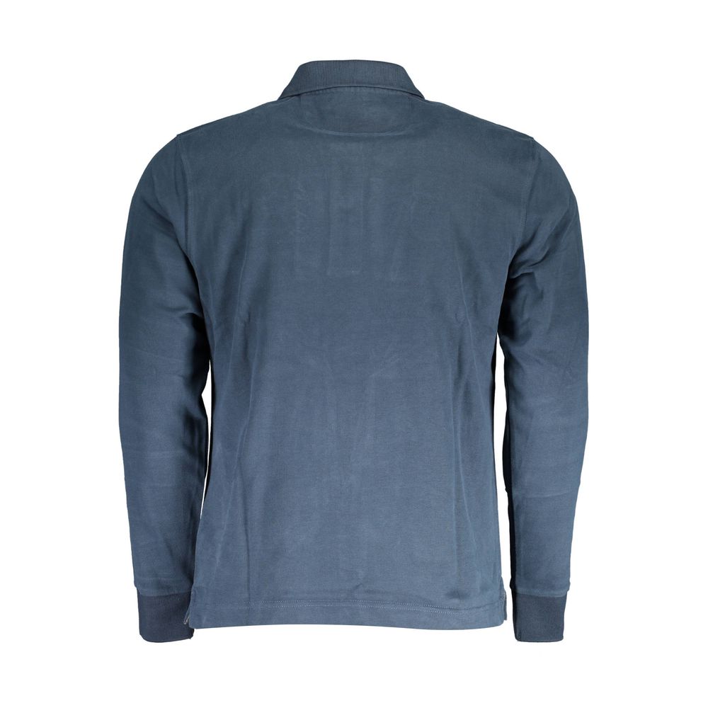 Back view of La Martina Blue Cotton Men Polo Shirt showcasing long sleeves and classic collar.