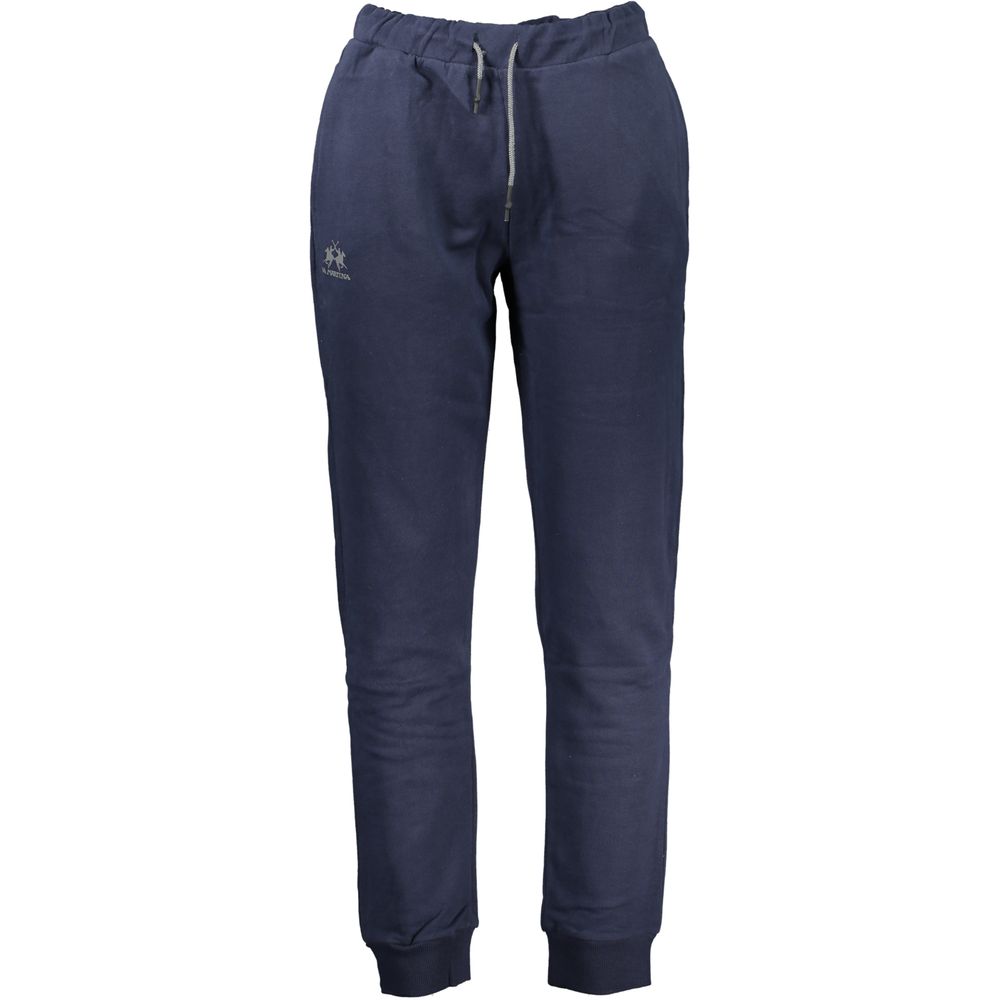 La Martina Blue Cotton Pant - sports pants, brushed, elastic waist with laces, logo print for men.