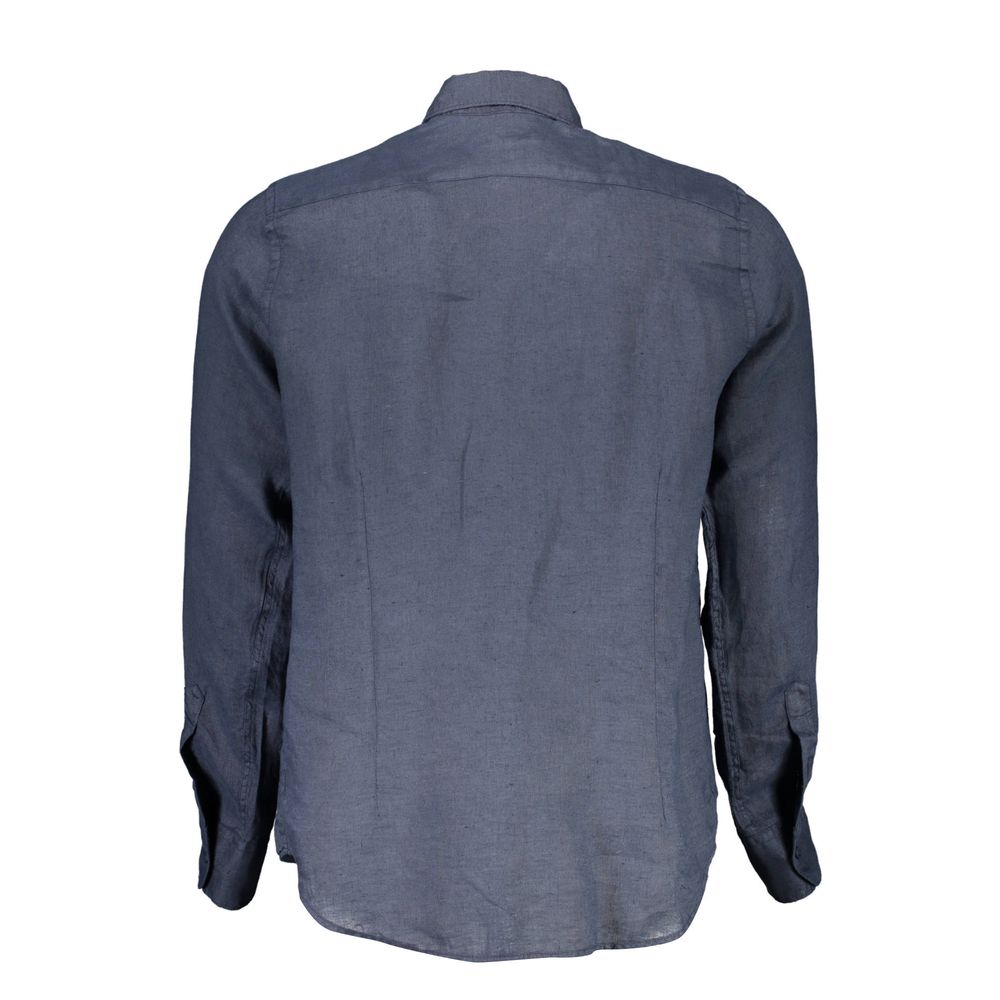 Back view of La Martina Blue Linen Men Shirt with French collar showcasing elegance and premium craftsmanship.