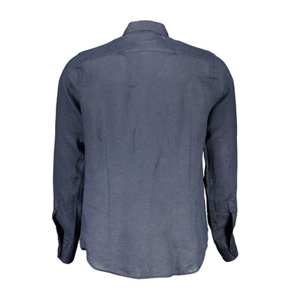 Back view of La Martina Blue Linen Men Shirt with French collar showcasing elegance and premium craftsmanship.