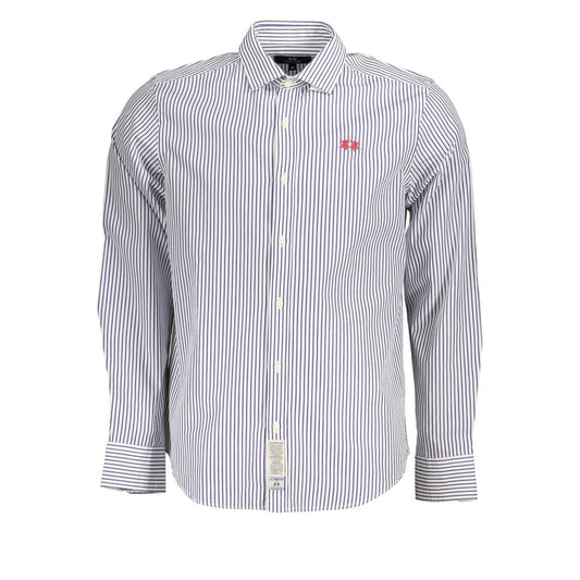 La Martina Elegant Long-Sleeved Striped Shirt for Men, blue-striped, French collar, 2-button cuffs, embroidered logo, 100% cotton