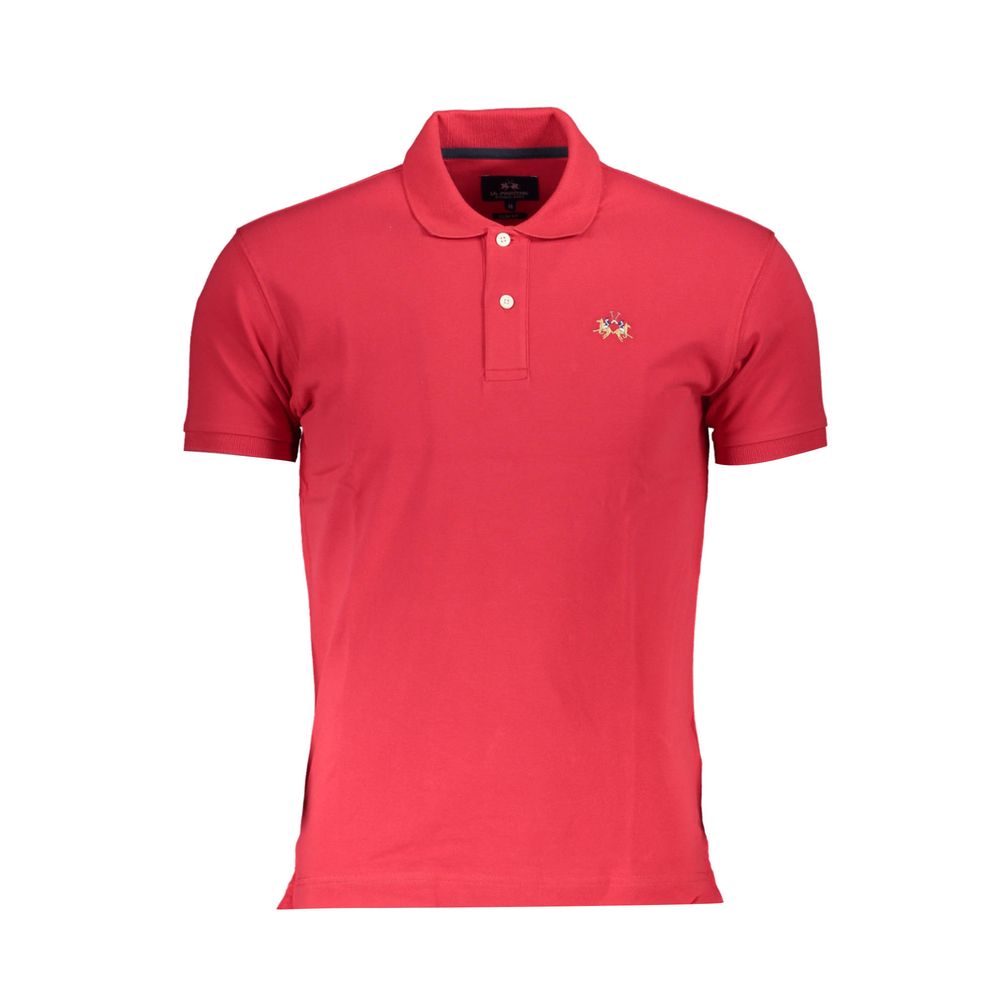 La Martina Red Cotton Men Polo Shirt with short sleeves and classic logo embroidery for elegant style.