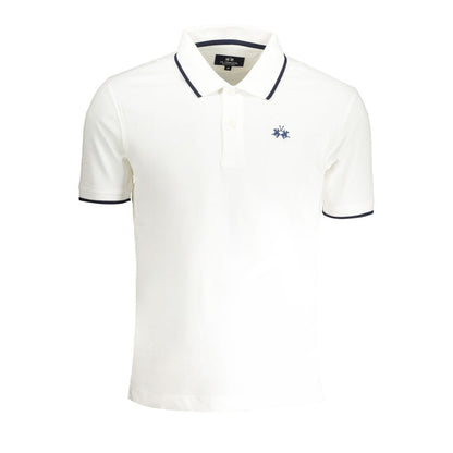 La Martina White Cotton Men Polo Shirt with short sleeves and iconic embroidery, featuring contrasting details and a two-button placket.